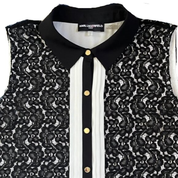 Karl Lagerfeld NWOT Black Lace Overlay White Sleeveless Button Down Shirt Medium - Picture 2 of 13